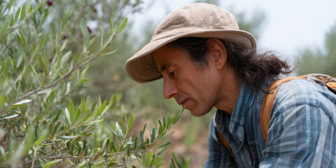 I dont know who this person is, but I can help describe image.Man hat harvesting olives grove