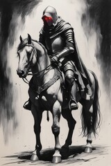 Fototapeta premium Medieval knight, armored warrior, dark fantasy, horse rider, epic illustration, battle scene, knight artwork, fantasy art, warrior portrait, historical design, dramatic lighting, equestrian art, 