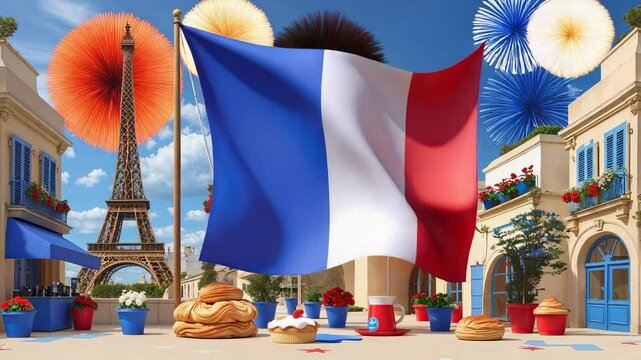 Unfurling by breeze, French flag rippling in Paris plaza, fireworks bursting behind Eiffel Tower