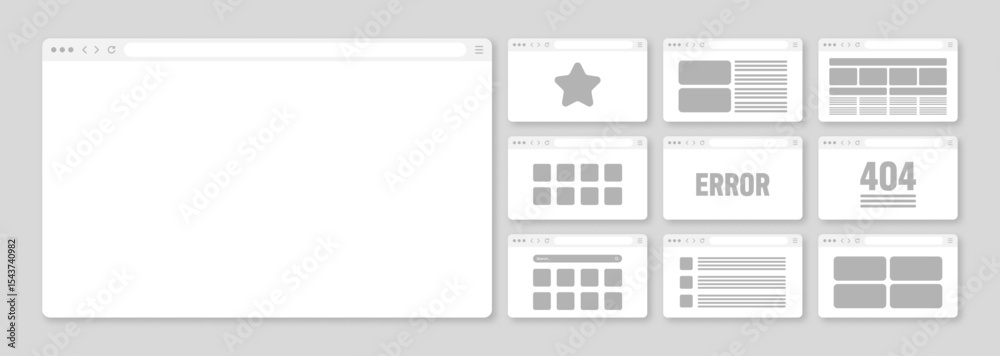 Fototapete Web browser window, pages layout with toolbar and search field. Modern website, internet page in flat style. Browser mockup for computer, tablet and smartphone. Adaptive UI. Vector illustration