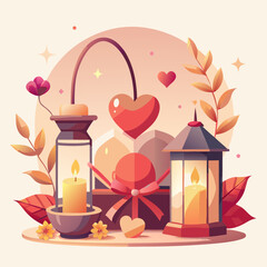 Vector arrangement of romantic objects: heart-shaped candles, small lantern with light, flower petals, ribbon bows. Clean flat vector style, soft color palette, white background. © MihirKumarMondal