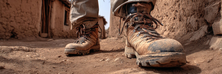 Worn boots walking on dusty path in rural area, close up view
