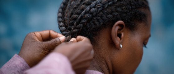 Woman braiding another woman hair, showcasing cultural beauty