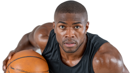 Focused Basketball Player: A determined basketball player, powerfully built and intensely focused, leans forward, eyes locked on the target.