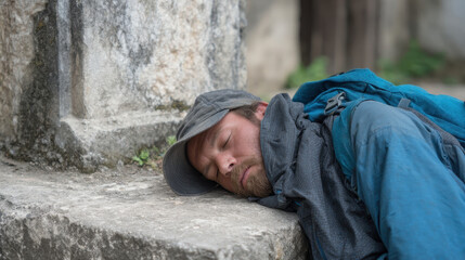 Tired backpacker rests against stone wall, wearing cap and blue jacket