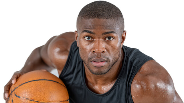 Focused Basketball Player: A determined basketball player, powerfully built and intensely focused, leans forward, eyes locked on the target.
