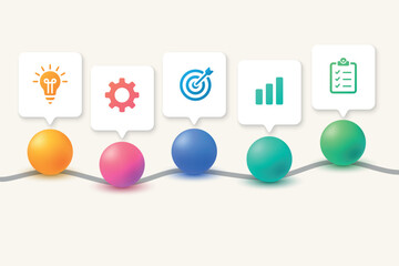 Zigzag timeline with icons in speech bubbles and gradient balls