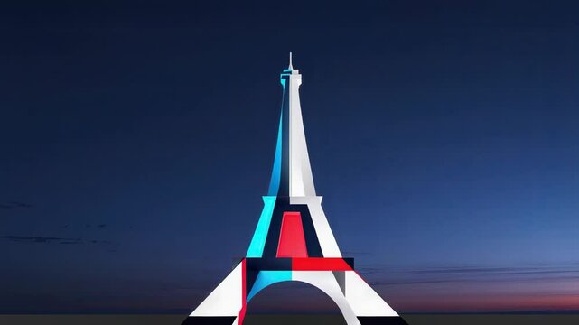 Sequence start showing Eiffel Tower emerging at dusk, highlighting French flag colors