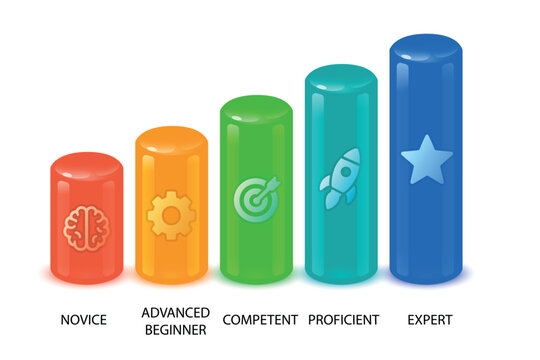 Skill level bar chart from novice to expert with icons