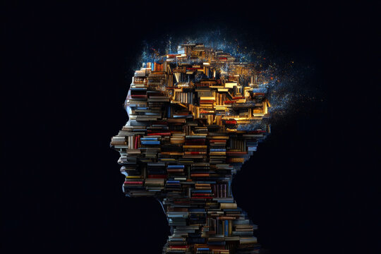 This imaginative artwork portrays a silhouette filled with books, symbolizing how knowledge and literature shape our minds and identities, creating a fusion of creativity and intellect.