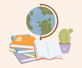 Stationery supplies Back To school Concept accessories items. Sketchbook, note book, diary, stationary tools composition. Flat vector illustration.