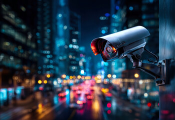 A sleek surveillance camera monitors the bustling city streets at night, capturing the vibrant glow of traffic and illuminating the importance of security in urban living.