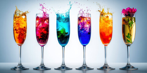 A stunning array of six brightly colored cocktails captures the essence of celebration, showcasing splashes of color and creativity with floral and fruity accents.
