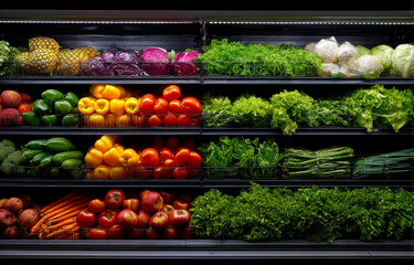 A colorful display of fresh vegetables and fruits, showcasing a variety of textures and hues, enticing shoppers with a healthy selection in a grocery store setting.
