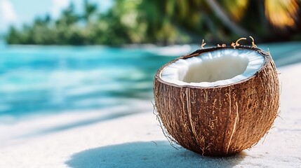 A chilled coconut pineapple smoothie, in a coconut shell, with a tropical beach background and space for text