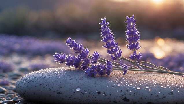 Lavender Flower on Stone with Water Droplets and Sunrise Glow - Powered by Adobe