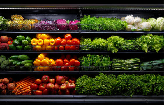 A colorful display of fresh vegetables and fruits, showcasing a variety of textures and hues, enticing shoppers with a healthy selection in a grocery store setting.