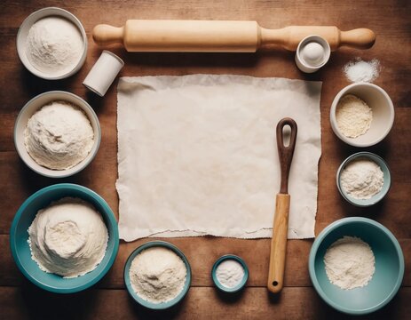 Flat lay of retro kitchen tools: rolling pin, flour, enamel bowl, recipe card, slightly messy  - Powered by Adobe