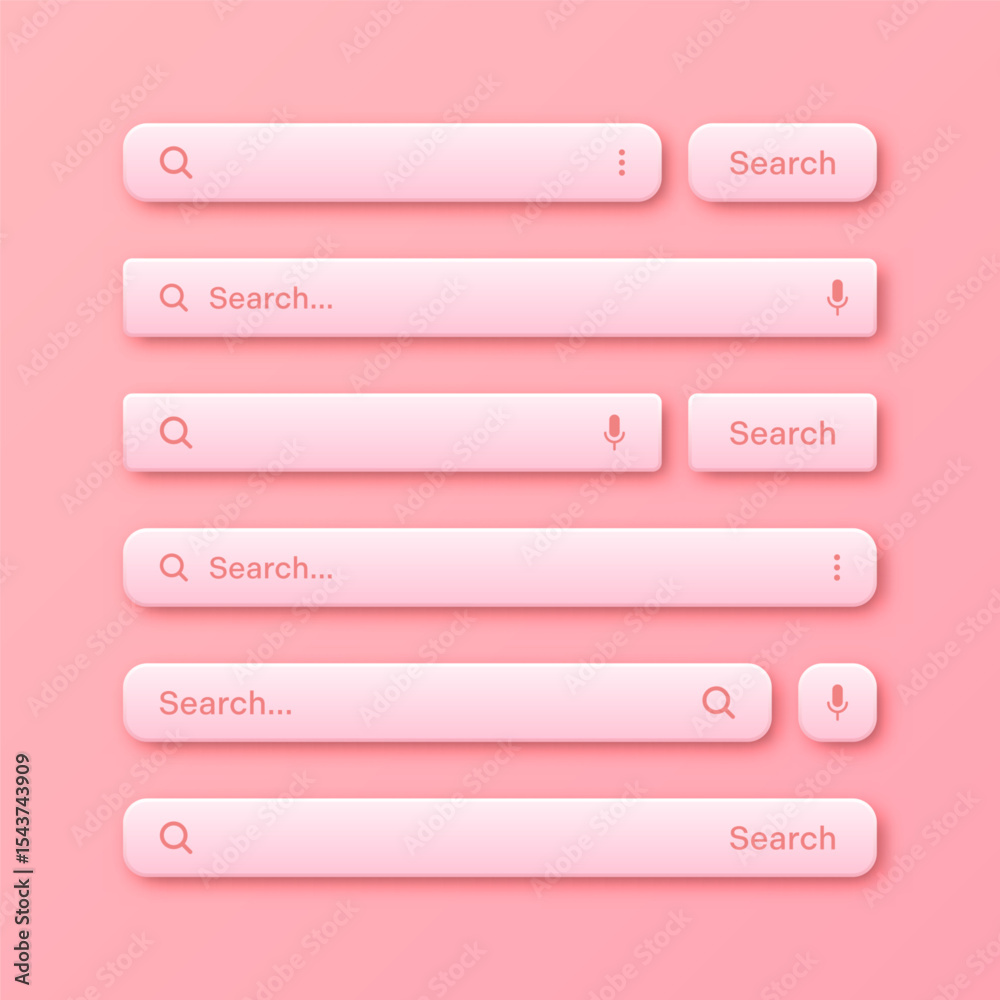 Fototapete Colorful 3d search bar templates. Internet browser engine with search box, address bar and text field. UI design, website interface element with web icons and push button. Vector illustration