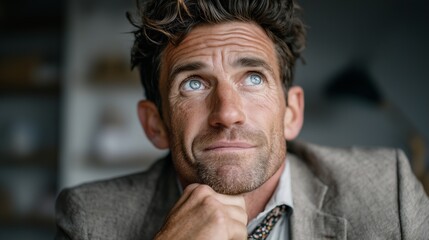 Skeptical thoughtful businessman with hand on chin, looking upward indoors. Concept of doubt, critical thinking, and uncertainty in business decisions.