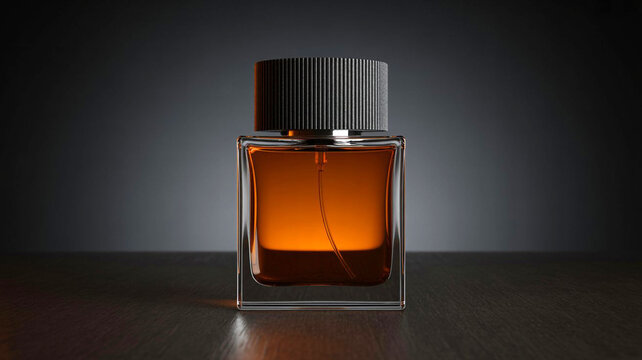 A bottle of amber perfume sits on a dark wooden surface
