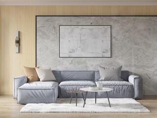 Mock up of an outrageous living room with a comfortable corner sofa and a fashionable decorative background, 3D rendering.