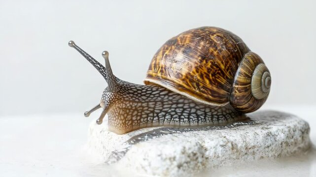 A close-up view of a snail slowly moving across a rocky surface