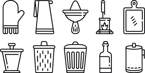 Line art depiction of kitchen and household items in a neat arrangement