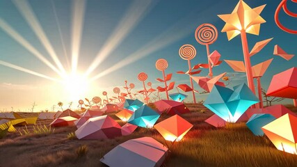 Sweeping camera revealing glowing crystals, spiral blooms and grass on low-poly hill at sunrise - Powered by Adobe