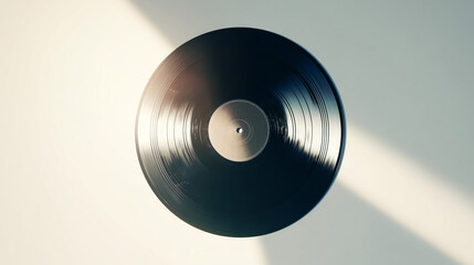 Classic vinyl record on a neutral surface, a timeless symbol of music and nostalgia.