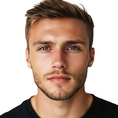 Obraz premium Studio close-up portrait of young handsome man with calm facial emotion, looking straight ahead. isolated on transparent background.