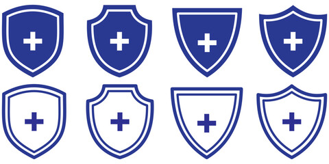 Set of shield icons with medical cross for protection concept. Antivirus icon. Simple flat and Line Art Shield with Plus Sign Icon in Black for Medical and Security Applications. 
