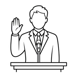Man in suit taking oath at podium with microphone