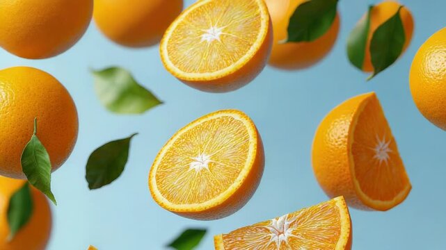 A cluster of oranges suspended in mid-air, appearing to defy gravity