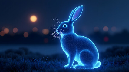 Glowing blue rabbit silhouette with light whiskers sitting on grass under night sky with bright moon and blurred lights in background