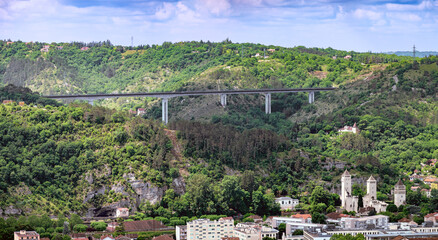 Landscape above the town of Cahors with a bridge of the A20 motorway (L’Occitane), France