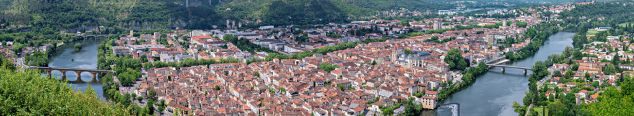panoramic view across the town Cahors with the river Lot in the region Occitanie, France
