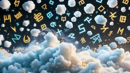 Drifting cloud puffs shifting shape against dark void sky, with glowing amber cyan glyphs and mist - Powered by Adobe