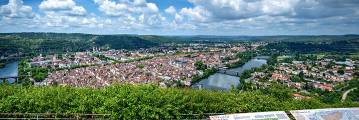 panoramic view across the town Cahors with the river Lot in the region Occitanie, France