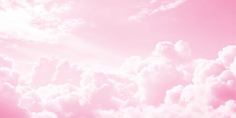 Fototapeta premium Aerial view of pink sky with fluffy clouds. Pink sky with white clouds. Pink sky with white clouds Valentine's day sweet dream background. 