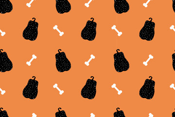 Halloween seamless  pattern black pumpkin with white polka dots and  bone on orange background. All Saints Day. National International Holiday. For background, wallpaper, textile, packaging or website
