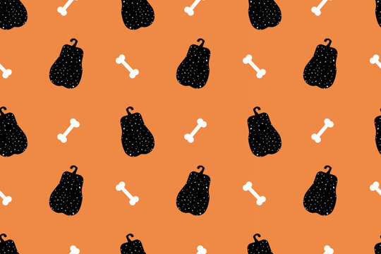 Halloween seamless  pattern black pumpkin with white polka dots and  bone on orange background. All Saints Day. National International Holiday. For background, wallpaper, textile, packaging or website