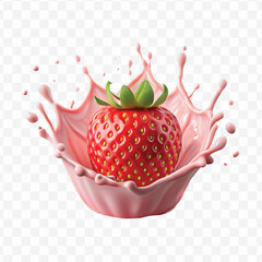 realistic 3d pink cream splash into strawberry  in different style Isolated white background	