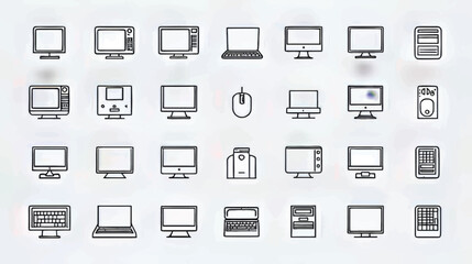 Comprehensive Collection of Technology and Office Equipment Icons: Modern Line Art Illustrations for Digital Devices