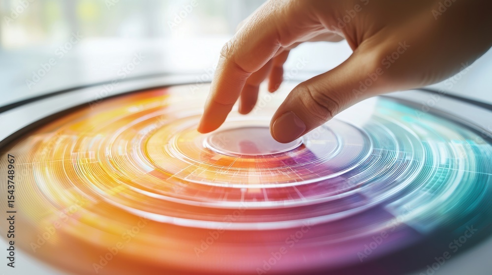 Poster a hand interacts with a colorful digital interface displaying concentric circles and data patterns, 