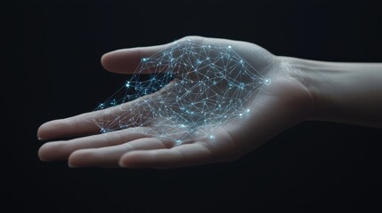 A human hand holds a glowing digital network structure, symbolizing technology and interconnected data in a dark, futuristic setting, virtual AI hologram