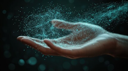 Fototapeta premium A human hand interacts with a dynamic digital network of glowing blue particles and lines, symbolizing connectivity and data flow in a futuristic, technological context, virtual AI hologram