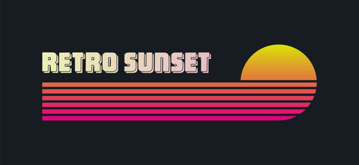 Vintage colorful sunset. Various gradient striped sunrise badges in 80s and 90s style. Sun and ocean view, summer vibes, surfing. Design element for print, logo or t-shirt. Vector illustration