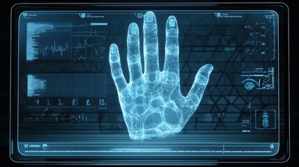 A futuristic holographic display shows a detailed digital scan of a human hand with biometric data and analytics on a transparent screen, virtual AI hologram