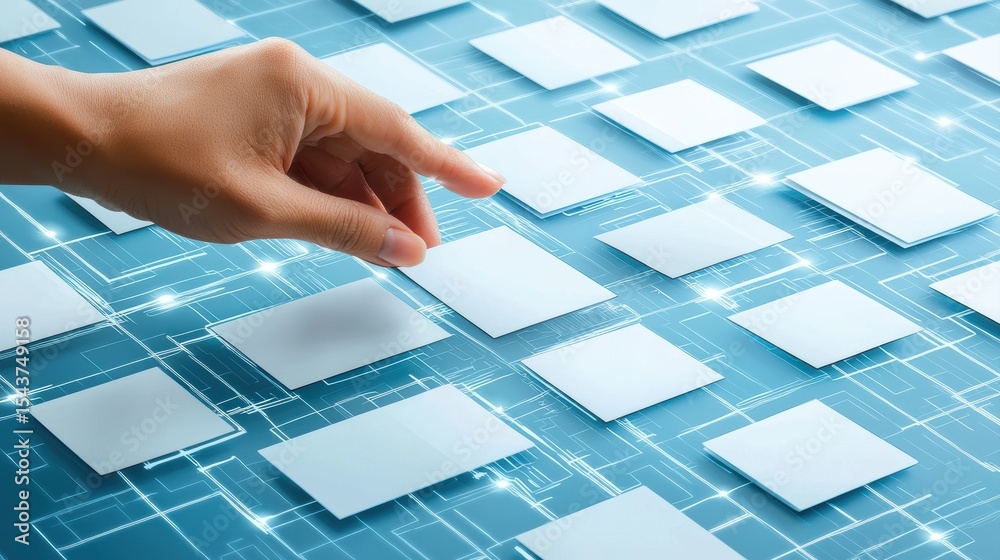 Poster a hand interacts with a digital interface featuring multiple floating squares and circuit-like conne